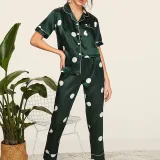 Women 2 Pieces Satin Silk Sleepwear Palm Printed Short Sleeve Shirt and Pants Pajamas Set