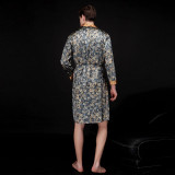 Men Satin Silk V-Neck Sleepwear Long Sleeve Printed Midi Robe Nightgown Pajamas