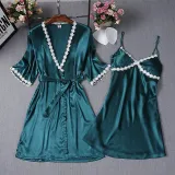 Women 2 Pieces Satin Silk Sleep Dress Sling Mini Dress and Cami Robe Pajamas Set