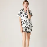 Women 2 Pieces Silk Printed Short Sleeve Shirt and Shorts Pajamas Set