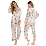 Women 2 Pieces Satin Silk Sleepwear Leopard Print Long Sleeve Shirt and Pants Pajamas
