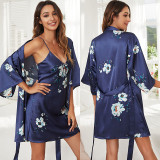 Women 2 Pieces Satin Silk Sleep Dress Sleeveless Sling Mini Dress and Robe Pajamas Set