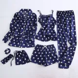 Women 7 Pieces Satin Silk Sleepwear Cami Tops and Long Sleeve Shiet with Eye Mask Pajamas Set