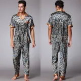 Women 2 Pieces Satin Silk Sleepwear Short Sleeve Shirt and Oants Pajamas Set