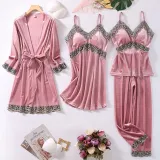 Women 4 Pieces Gold Velvet Sleepwear Lace Sling Dress and Tops Pajamas Set
