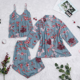 Women 3 Pieces Satin Silk Sleepwear Floral Printed Cami Top Shorts and Robe Pajamas Set