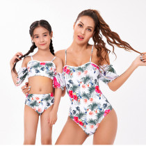 Mom and Me Bikinis Pink Flowers Tropicals Off The Shoulder Swimsuit