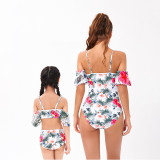 Mom and Me Bikinis Pink Flowers Tropicals Off The Shoulder Swimsuit