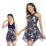 Matching Family Swimsuit Mom and Me Flower Prints Crossing Halter Plus Size Bikini Swimwear
