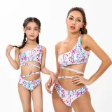 Mom and Me Bikinis Pink Flowers One Shoulder Cross Bikinis Set
