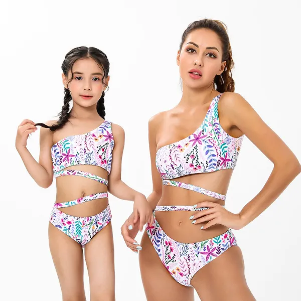 Mom and Me Bikinis Pink Flowers One Shoulder Cross Bikinis Set