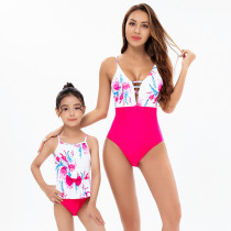Mom and Me Swimsuit Pink Rose Flowers One Piece Swimwear