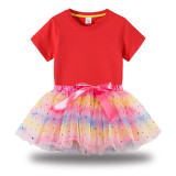 Toddler Girl Two Pieces Short Sleeve T-shirts Glitter Mesh Tutu Dress