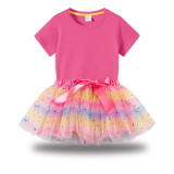 Toddler Girl Two Pieces Short Sleeve T-shirts Glitter Mesh Tutu Dress