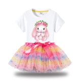 Girl Two Pieces Rainbow TuTu Happy Easter Bunny Flower Princess Bubble Skirt