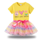 Girl Two Pieces Rainbow TuTu Happy Easter Peace Love Bunny Princess Bubble Skirt