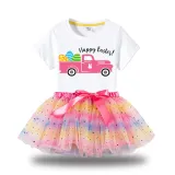 Girl Two Pieces Rainbow TuTu Happy Easter Car Princess Bubble Skirt