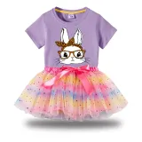 Girl Two Pieces Rainbow TuTu Happy Easter Bunny With Glasses Princess Bubble Skirt