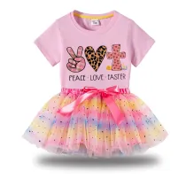 Girl Two Pieces Rainbow TuTu Happy Easter Peace Love Cross Princess Bubble Skirt