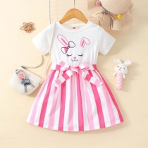 Toddler Girls Easter Holiday Cute Bunny Rabbit Short Sleeve Bowknot Stripes Dress