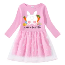 Girls Yarn Skirt Happy Easter Carrot Egg Bunny Long And Short Sleeve Dress