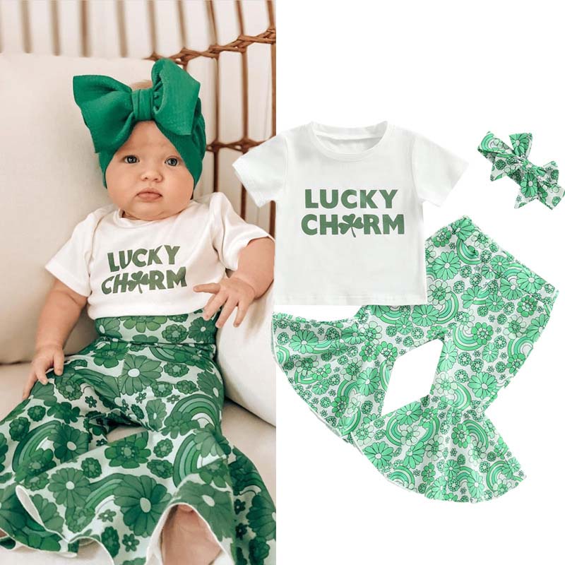 Baby Girls St. Patrick's Day Two Pieces Luck Clover T-shirts and Green Rainbow Flower Pants Sets
