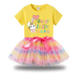 Girl Two Pieces Rainbow TuTu Happy Easter Bunny With Balloon Princess Bubble Skirt