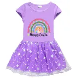Girls Yarn Skirt Happy Easter Rainbow Bunny Long And Short Sleeve Dress