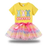 Girl Two Pieces Rainbow TuTu Happy Easter Rabbits Princess Bubble Skirt