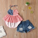 Baby Girls Independence Day Two Pieces National Flags Halter Tops and Denim Shorts Set