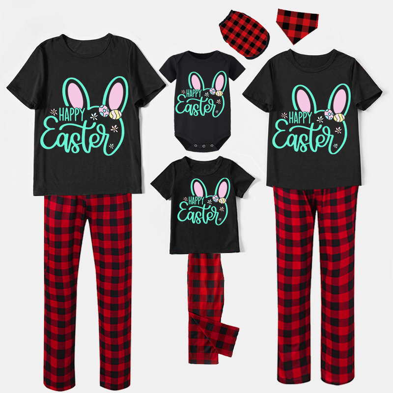 Easter Family Matching Pajamas Exclusive Design Happy Easter Bunny Ears Black Pajamas Set