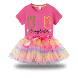 Girl Two Pieces Rainbow TuTu Happy Easter Rabbits Princess Bubble Skirt