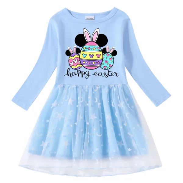 Girls Yarn Skirt Happy Easter Cartoon Mice Eggs Long And Short Sleeve Dress