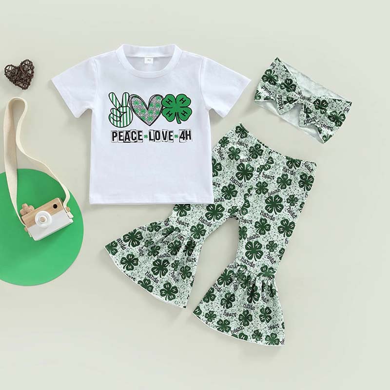 Baby Girls St. Patrick's Day Two Pieces Clover Peace and Love T-shirts and Green Flared Pants Sets