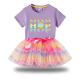 Girl Two Pieces Rainbow TuTu Happy Easter Colorful Hop Slogan Princess Bubble Skirt