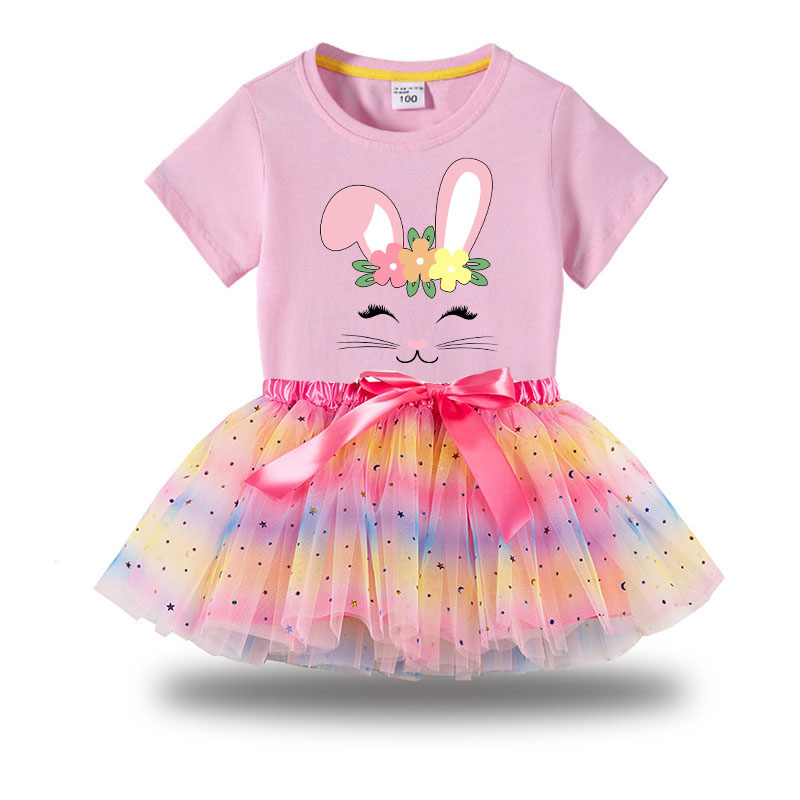 Girl Two Pieces Rainbow Happy Easter Smile Bunny Long And Short Sleeve Casual Skirt