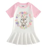Girls Rainbow Happy Easter Bunny Wreath Long And Short Sleeve Casual Skirt
