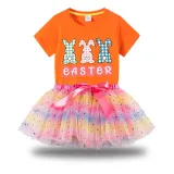 Girl Two Pieces Rainbow TuTu Happy Easter Rabbits Princess Bubble Skirt