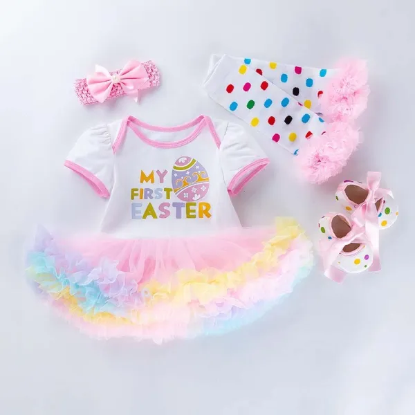 Baby Girls My First Easter 4 Pieces Short Sleeve Tutu Dress with Baby Socks and Headscarf