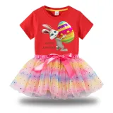 Girl Two Pieces Rainbow TuTu Happy Easter Egg Bunny Princess Bubble Skirt