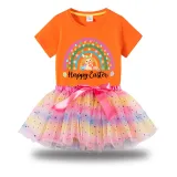 Girl Two Pieces Rainbow TuTu Happy Easter Rainbow Bunny Princess Bubble Skirt