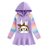 Girls Rainbow Happy Easter Bunny With Glasses Long And Short Sleeve Casual Skirt