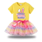 Girl Two Pieces Rainbow TuTu Happy Easter Bunny Slogan Princess Bubble Skirt