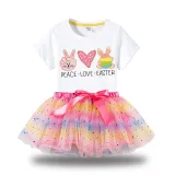 Girl Two Pieces Rainbow TuTu Happy Easter Peace Love Bunny Princess Bubble Skirt