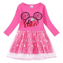 Girls Yarn Skirt Happy Easter Cartoon Mouse Long And Short Sleeve Dress