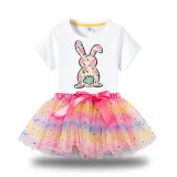 Girl Two Pieces Rainbow TuTu Happy Easter Bunny Flower Butterfly Princess Bubble Skirt