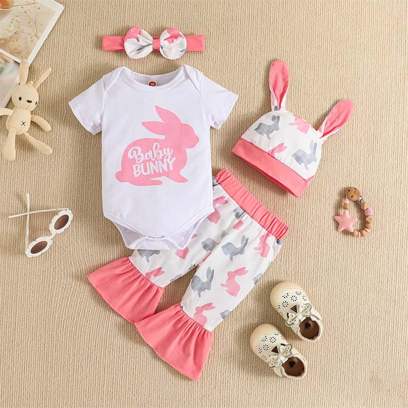Baby Girls Happy Easter Three Pieces Baby Bunny Suits and Rabbit Flared Pants Sets
