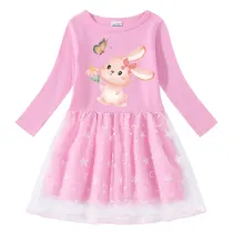 Girls Yarn Skirt Happy Easter Bunny Flower Butterfly Long And Short Sleeve Dress