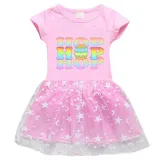 Girls Yarn Skirt Happy Easter Colorful Hop Slogan Long And Short Sleeve Dress