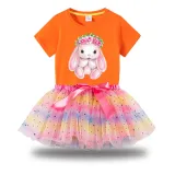 Girl Two Pieces Rainbow TuTu Happy Easter Bunny Flower Princess Bubble Skirt